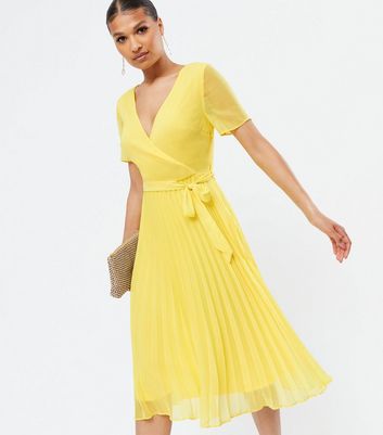 Pale Yellow Chiffon Pleated Belted Wrap Midi Dress | New Look